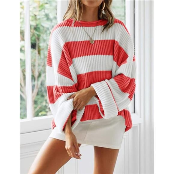 Women's  Fall Long Sleeve Crew Neck Sweater – Striped Color Block - Picture 4 of 7